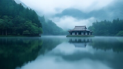 Fototapeta premium Serene Pavilion on Misty Mountain Lake