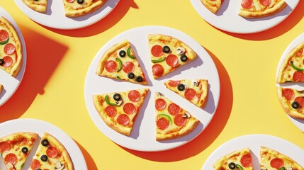 landscape image of several slices of pizza laid out on a clean, white plate, each topped with a different combination of ingredients: pepperoni, mushrooms, bell peppers, and olives. World Pizza day.