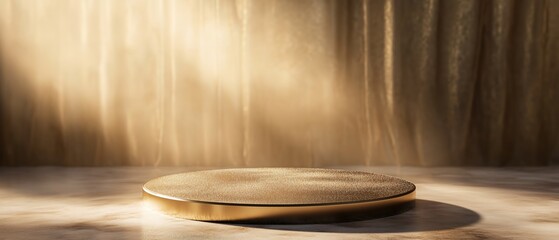 Luxury gold podium stage. Cloth, sand glitters and light rays. Concept for fashion advertising. Generative AI
