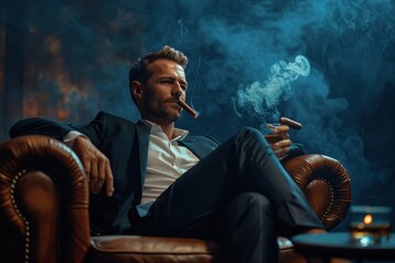 Man enjoys a cigar and whiskey in a leather chair