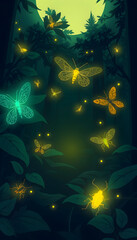 Insects that glow in the darkness of the forest, vector style, with white tones