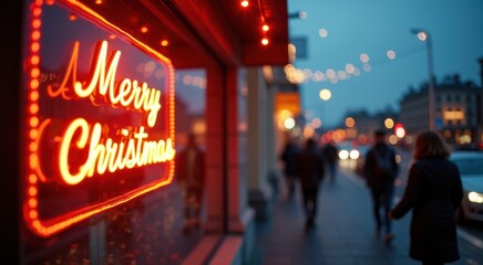 Fototapeta premium People walking down a sidewalk in front of a store with a merry christmas sign