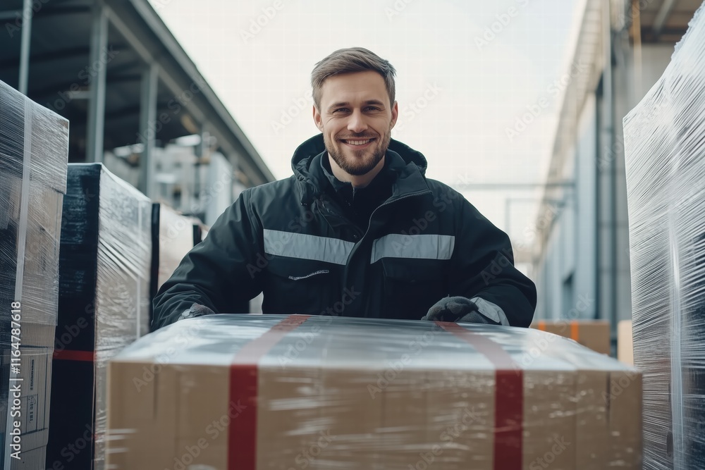 Poster a smiling loader man in a black jacket with reflective stripes is pushing a large cardboard box on a