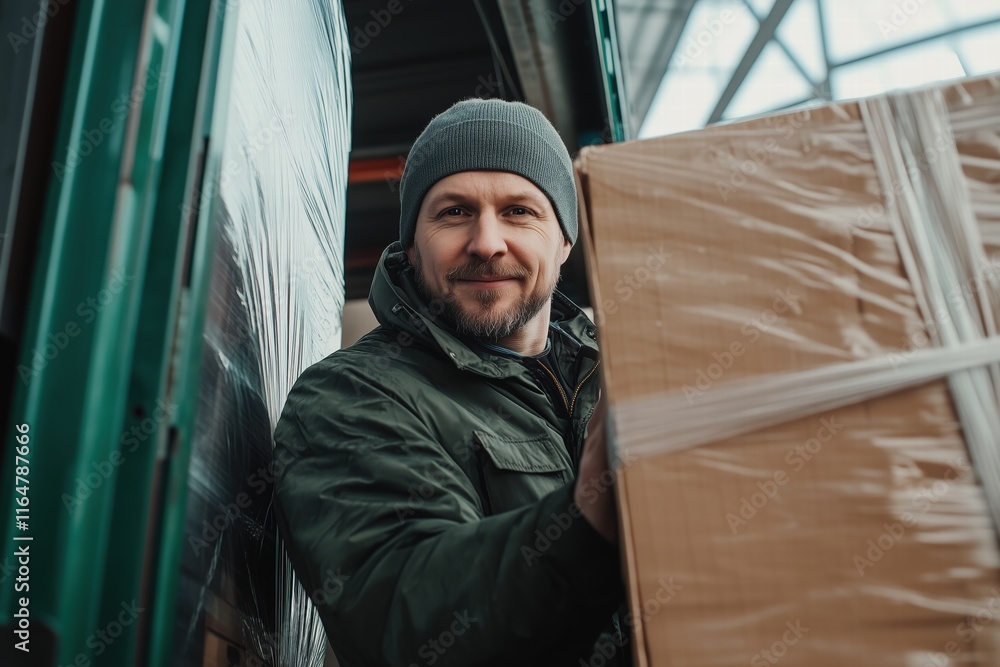 Poster a loader man in a beanie and jacket is smiling while carrying a large cardboard box. he is positione