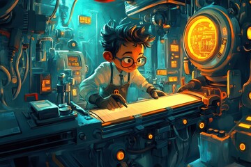 Whimsical Technician Repairing Conveyor Belt in Cartoon Style