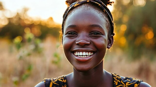 Smiling girl in patterned dress enjoying sunset in a natural outdoor setting