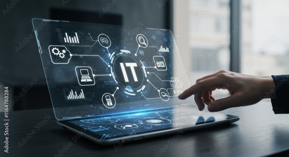 Poster futuristic technology interface on laptop with interactive digital display