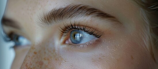 Close up of a womans eye with freckles and makeup