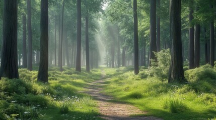 Obraz premium Serene Green Forest Pathway in Morning Light