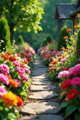 Obraz premium Colorful flowers blooming in a stone lined garden path , cottage style garden, stone pathway, garden blooms