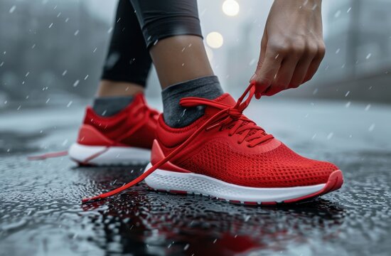 Woman tying red running shoes in snowy weather