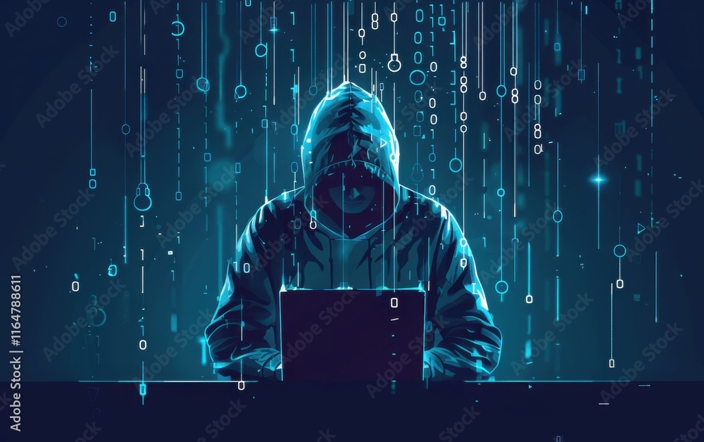 Aufkleber Hooded Hacker Working on Laptop Amidst Binary Data Stream
