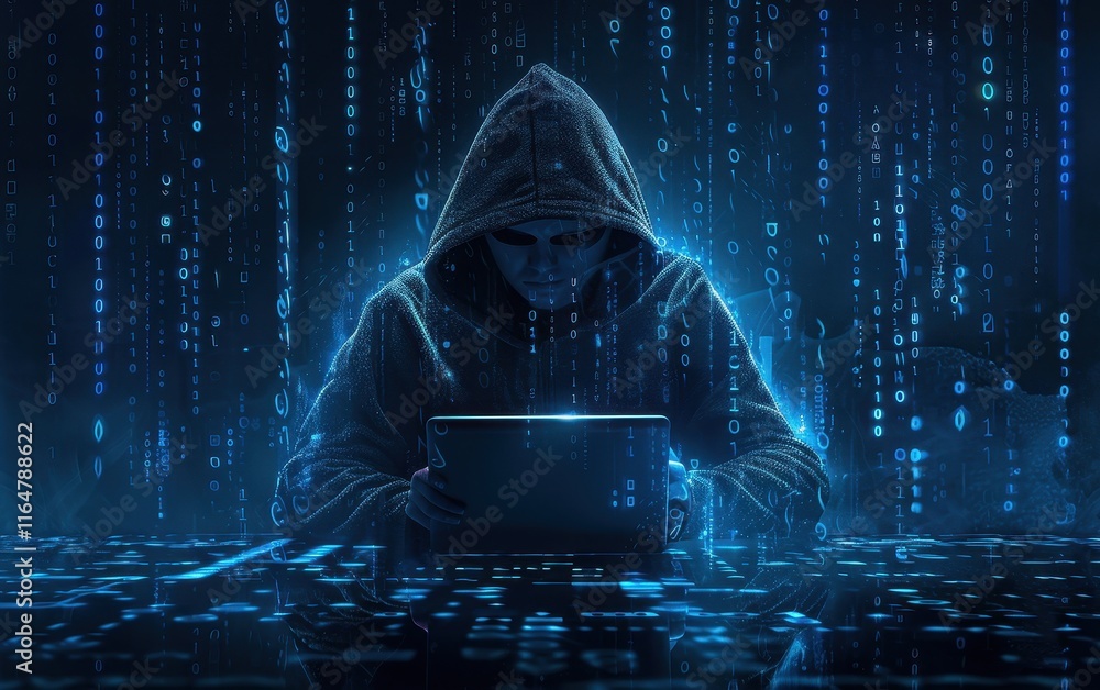 Aufkleber Hooded Hacker Working on Laptop with Binary Code