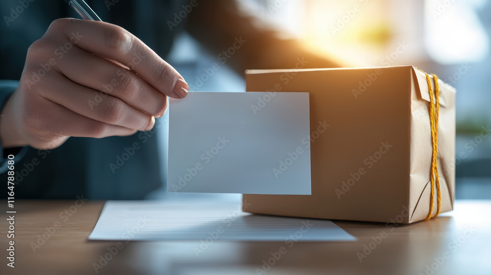 Poster concept of measuring customer service satisfaction. a hand holds a blank card above a small, tied pa