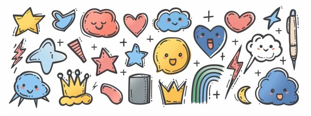 Colorful Cute Cartoon Doodle Collection Featuring Various Shapes