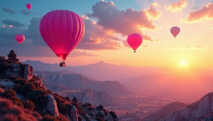 Fototapeta premium Pink & blue balloons float against a breathtaking sunset panorama , clouds, daytime