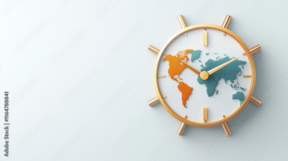 Poster business trends globalization innovation concept. a stylish wall clock featuring a colorful world ma