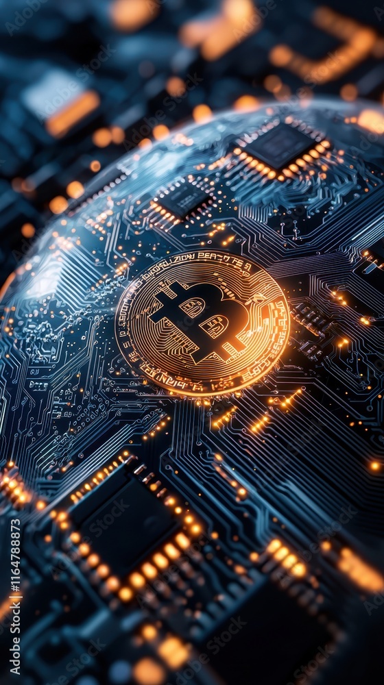 Poster business trends globalization innovation concept. a close-up bitcoin symbol embedded in a circuit bo