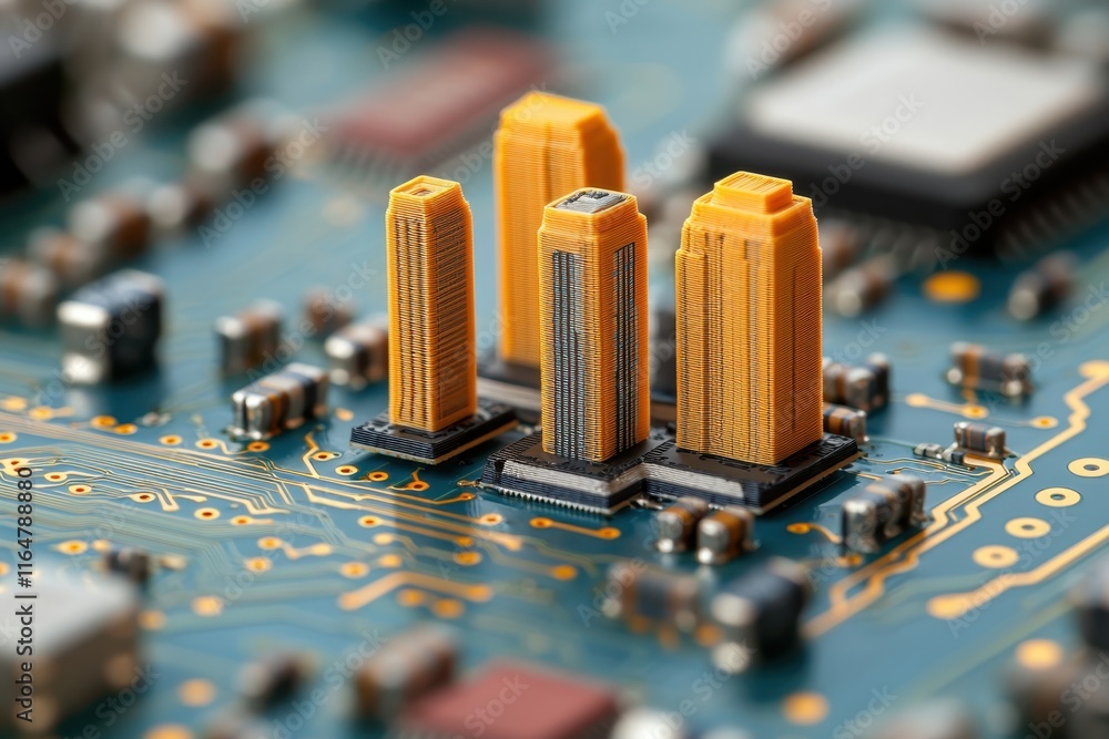 Poster business trends globalization innovation concept. a close-up view of a circuit board featuring intri