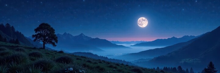 Moonlight shines on a lone zeltplatz under starry night sky with misty mountains afar, tent, zeltplatz