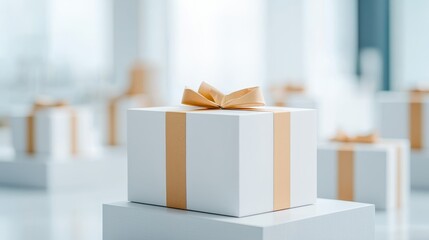 Business trends globalization innovation concept. A neatly wrapped gift box with a ribbon sits prominently in a bright, minimalist space, surrounded by more similar packages.