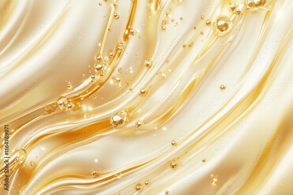 Poster a smooth, flowing golden liquid with bubbles and a shiny texture, creating an elegant and luxurious 