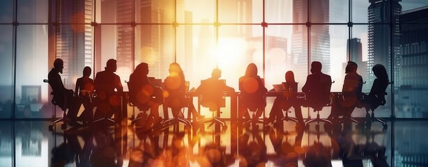 Plakat Silhouetted Businesspeople Meeting Cityscape Background