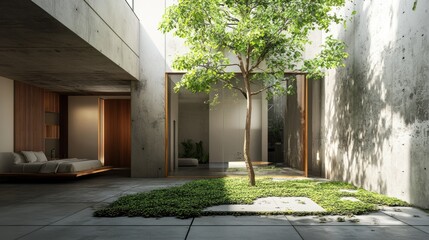 Modern Minimalist Courtyard with Green Tree