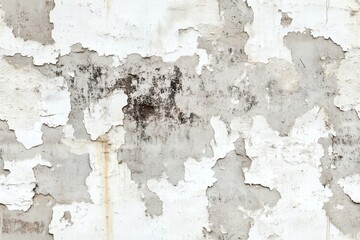 Obraz premium A close-up view of a weathered wall with peeling paint and patches of discoloration. The surface shows a mix of white and gray tones, with some areas revealing the underlying texture.