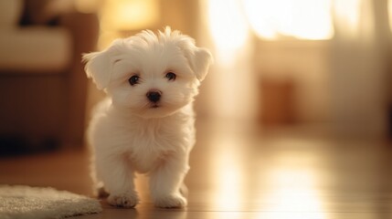 Adorable White Maltese Puppy Standing on Hardwood Floor