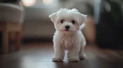 A Curious Maltese Puppy Standing on a Wooden Floor
