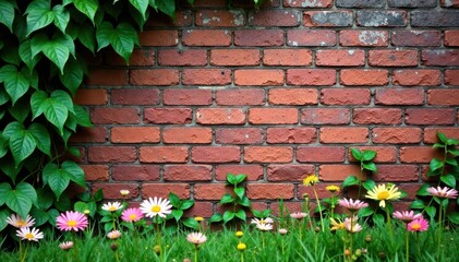 Weathered brick wall with overgrown vines and wildflowers, outdoor, abandonment