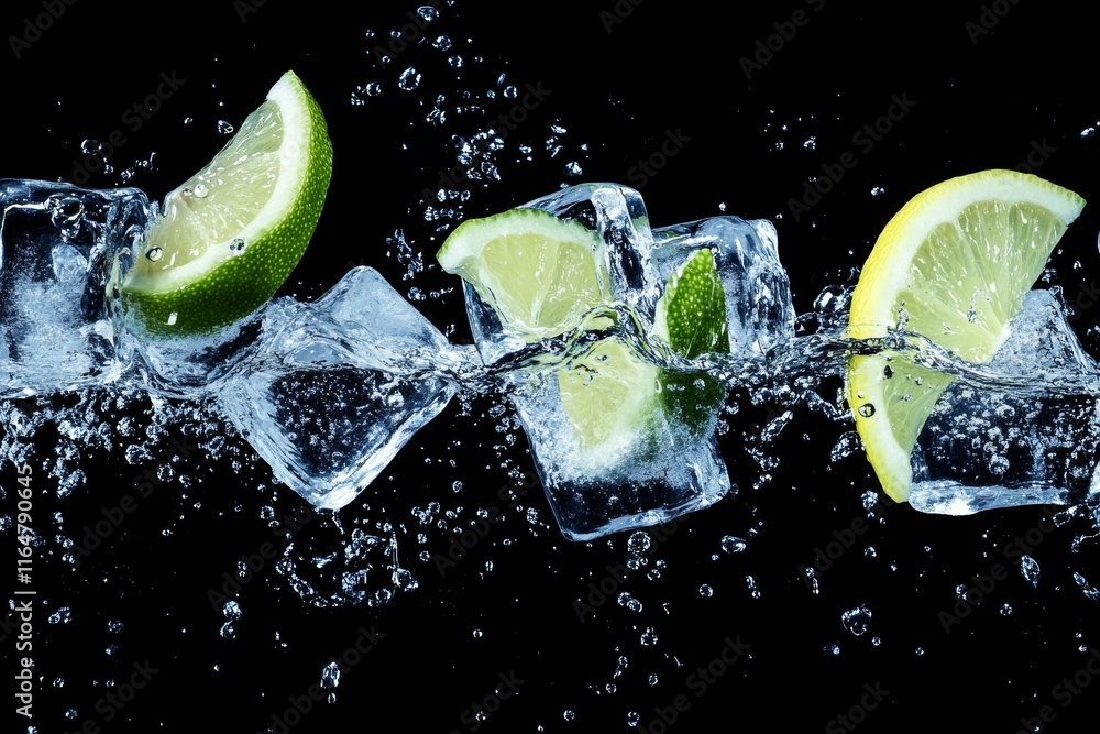 Poster row of ice cubes with a lime in the middle