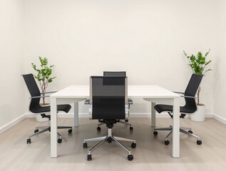 A stylish and clean conference room setup featuring a wooden table, ergonomic chairs, and minimalist decor that exudes professionalism and elegance
