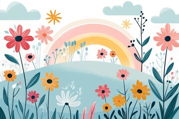 Colorful field of flowers with a rainbow in the sky