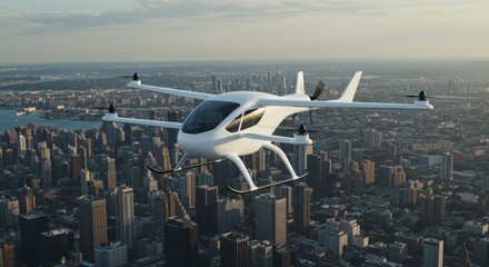 Futuristic urban air mobility with drone taxi over skyscraper cityscape