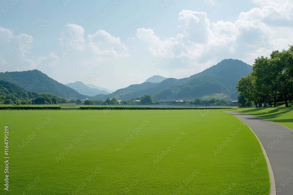 Poster large green field with a path running through it
