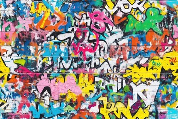 A vibrant and colorful graffiti wall filled with various tags and designs in multiple colors including pink, blue, green, and yellow.