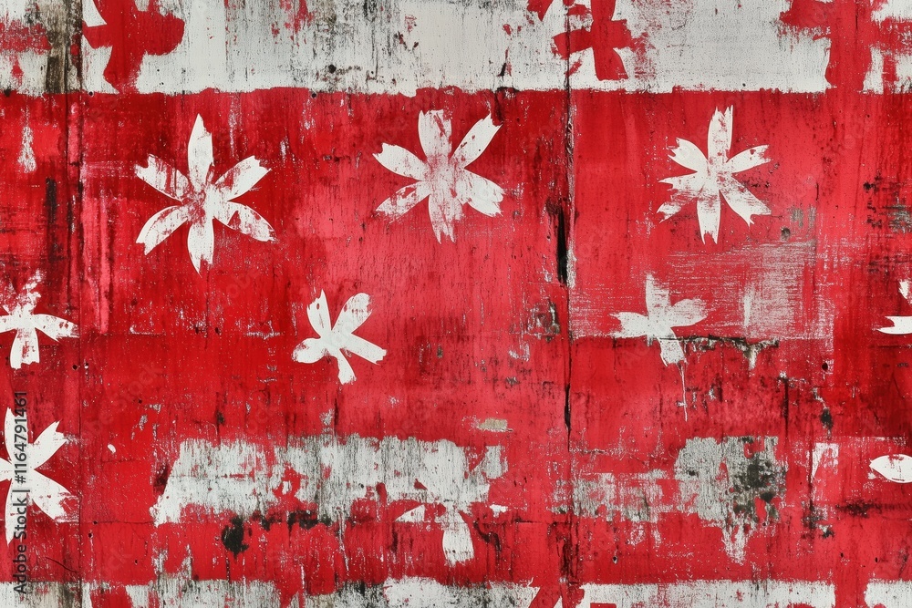 Poster a vibrant red background with white floral patterns, featuring a distressed texture that adds depth 