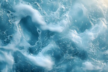 Fototapeta premium Transparent blue clear water surface texture with ripples, splashes and bubbles. Abstract summer banner background Water waves in sunlight with copy space Cosmetic moisturizer micellar toner emulsion