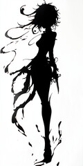 Fototapeta premium Silhouetted figure of a woman with flowing hair and a knife, surrounded by abstract ink splashes