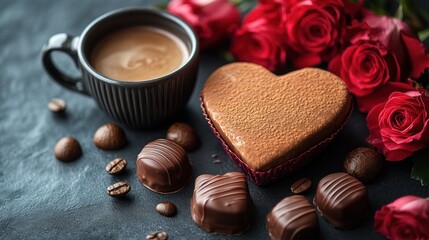 Romantic Valentine's Day breakfast coffee, heart-shaped cake, chocolates, and red roses.