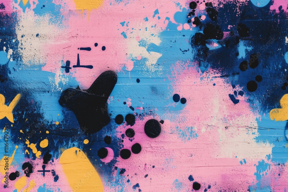 Poster a vibrant abstract mural featuring splashes of pink, blue, yellow, and black paint. the design inclu