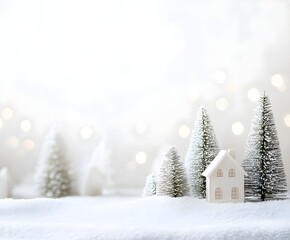 Peaceful paper landscape with green pine trees, small houses, and white snow. Winter, holiday decor, serene scene, minimalist style.