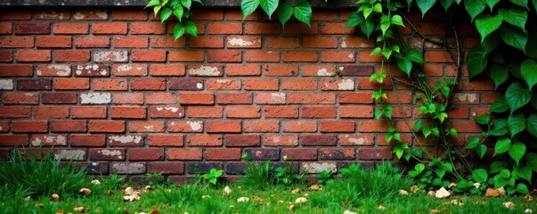 Weathered brick wall with overgrown ivy and moss, architecture, texture