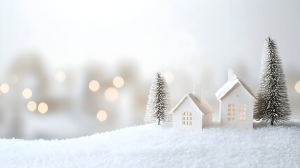 Naklejka premium Peaceful paper landscape with green pine trees, small houses, and white snow. Winter, holiday decor, serene scene, minimalist style.