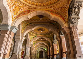 Beautiful and colorful interior of Historic Mysore Maharaja palace in Mysore, India.