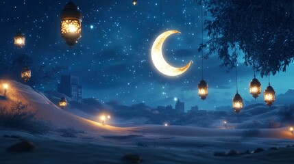 Naklejka premium Design a 3D portrait scene of a glowing crescent moon surrounded by traditional lanterns, suspended in the air over a serene desert landscape at night. The lanterns should emit a warm, For ramadan.