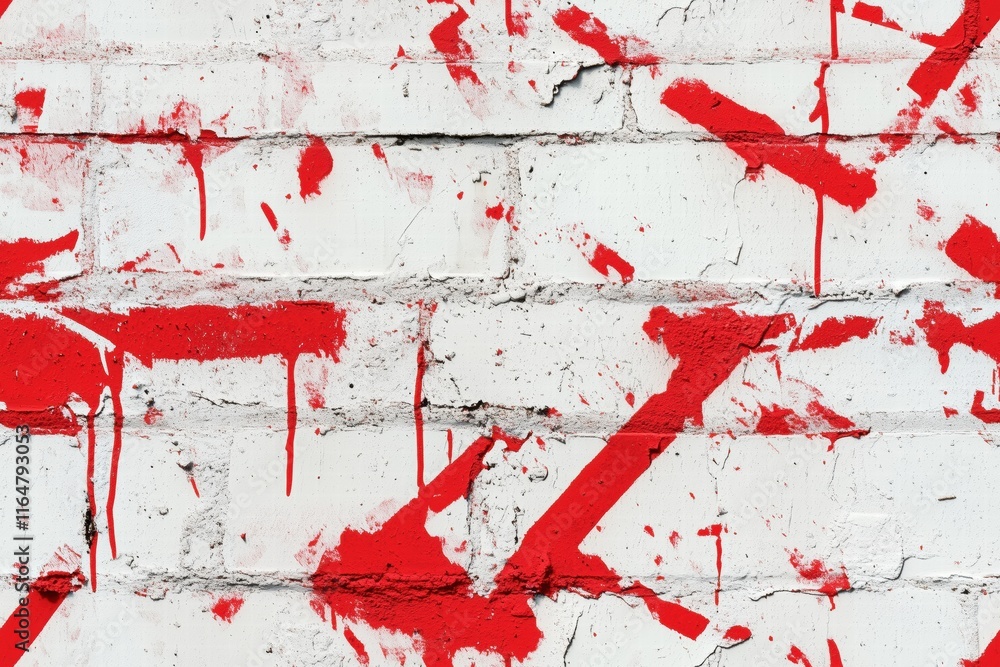 Poster a textured wall covered in splashes and drips of bright red paint against a white background, creati