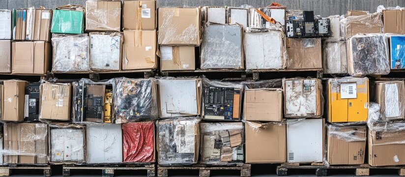 Pallet of damaged electronics boxes with torn shrink wrap, stacked haphazardly 
